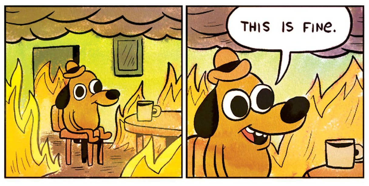 This is Fine Dog meme - dog sitting in burning room saying this is fine